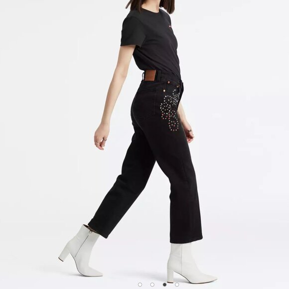 Levis Ribcage Straight Leg Embelliished Bejewelled High Rise Black Jeans Size 28 - Picture 15 of 15